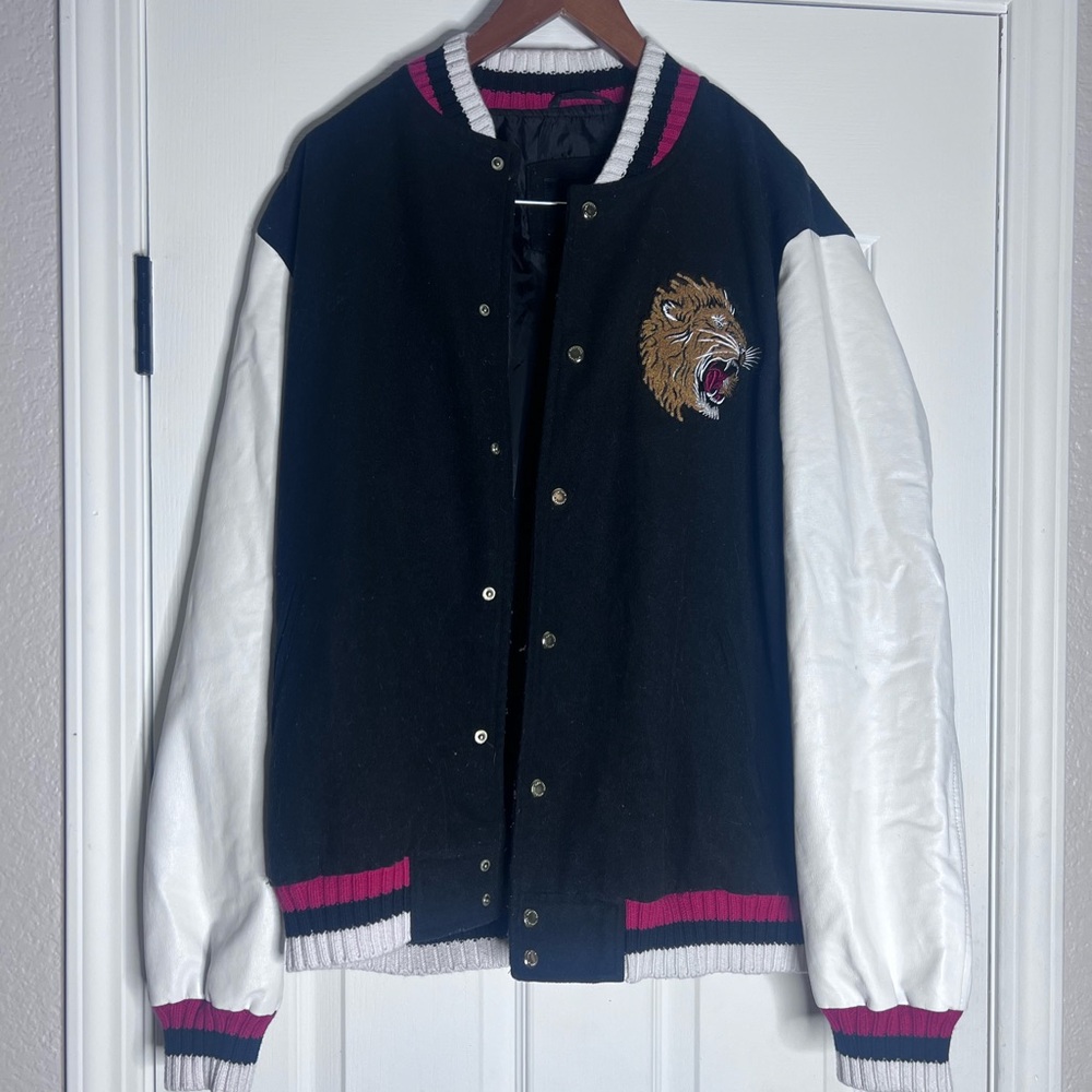Sean John Mens Varsity Jacket In Black & White Wool Lion Size — L - Superfly